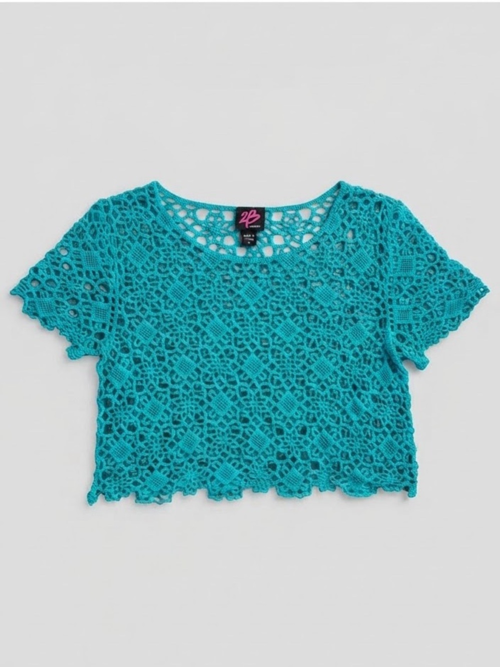 ⁠2B BEBE Teal Crochet Lace Short Sleeve Crop Top Boho Festival / Size S